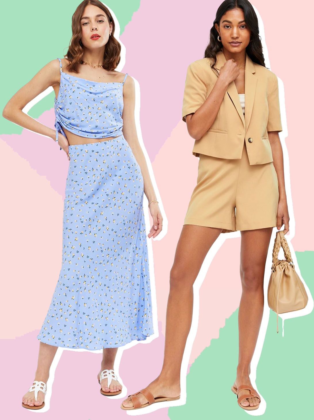 Summer styles for women: floral cami top and matching skirt, short sleeve blazer and matching shorts, paisley maxi dress and a white playsuit
